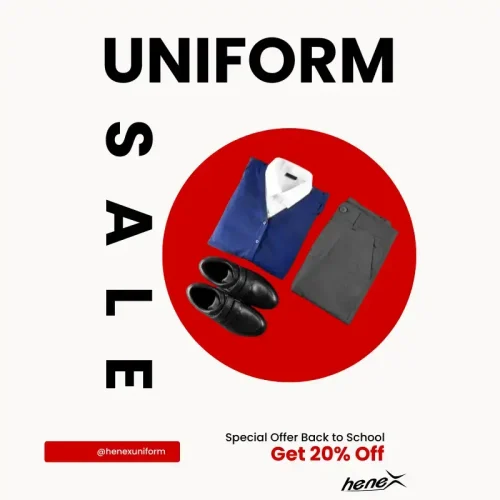 A collection of high-quality school uniforms including shirts, trousers, skirts, and blazers manufactured by Henex Uniform.